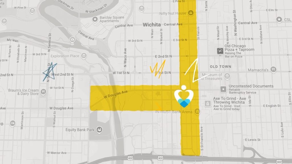Heartspring logo placed on a map of Downtown Wichita representing where the Heartspring Pediatric Neurodevelopment Center of Excellence will open.