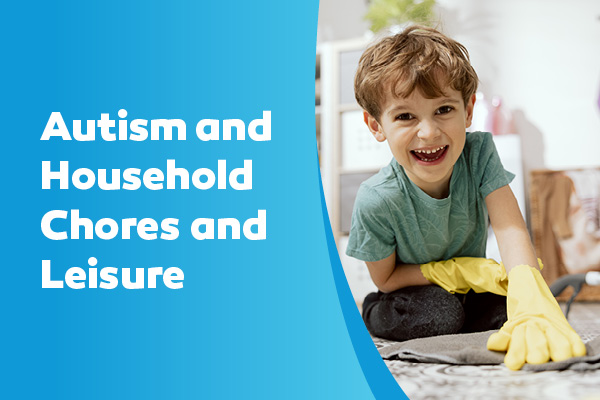 Autism and Household Chores and Leisure. Photo of a boy wearing yellow cleaning gloves
