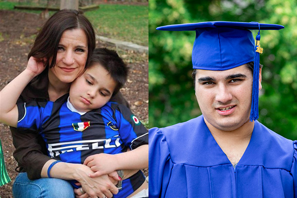 Combined photo of a Heartspring student and his mom when he first started and a photo of him in a blue graduation cap and gown