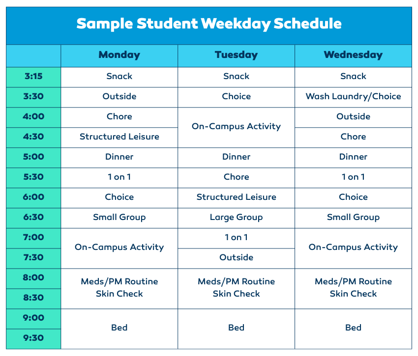 Table showing a sample weekday work schedule for a direct support professional at Heartspring