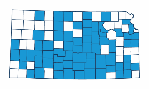Map of Kansas highlighting the counties Heartspring has served between 2020 and 2024