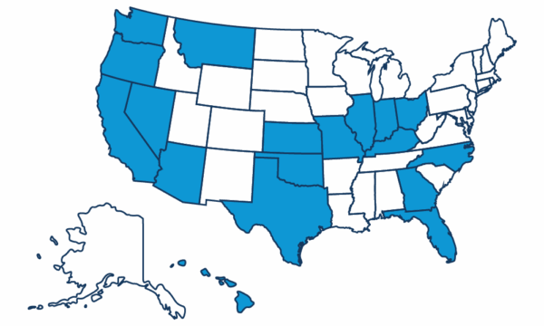 Map of the United States highlighting the states Heartspring has served between 2020 and 2025