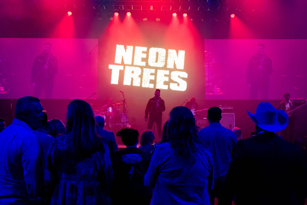 Neon Trees band on stage performing for Heartspring Gala guests at INTRUST Bank Arena