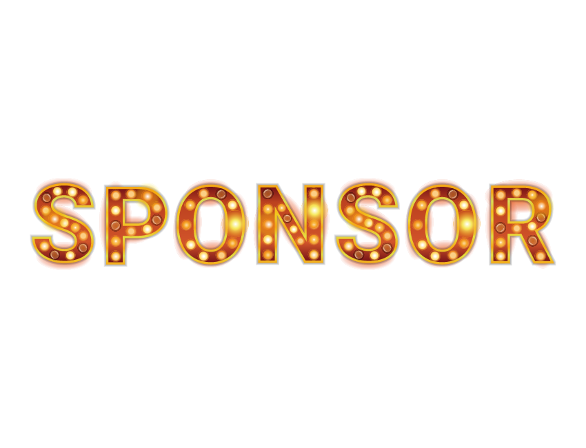 Sponsor in red and gold marquee text
