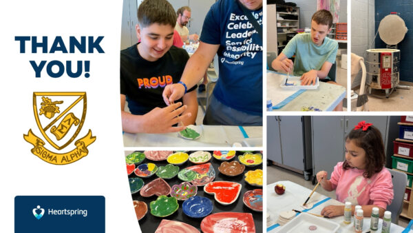 Thank you graphic featuring the Sigma Alpha logo, several Heartspring students painting ceramics with glaze to put in the kiln, the kiln itself, and some small ceramic dishes that have come out of the kiln.