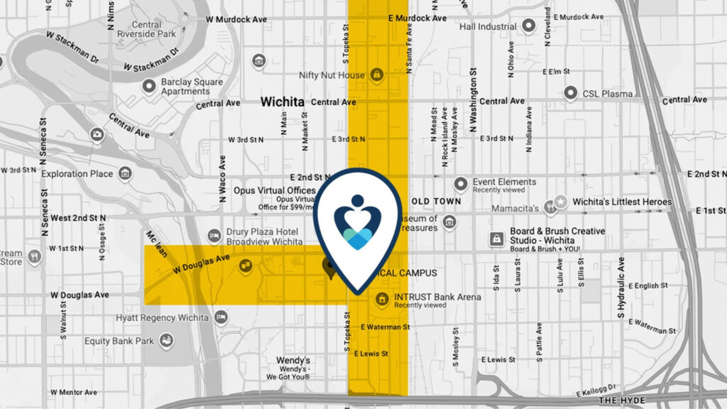 Map showing Heartspring's future location in Wichita's downtown health care corridor